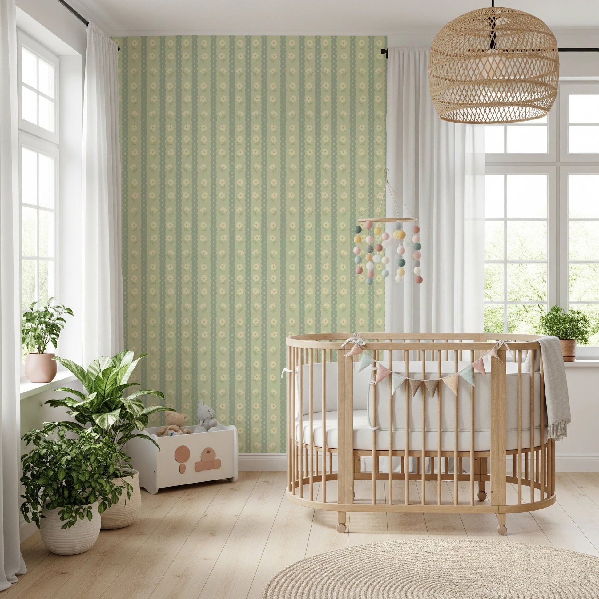 Nursery corner framed by Daisy Chain Delight Wallpaper and delicate cream bloom repeats