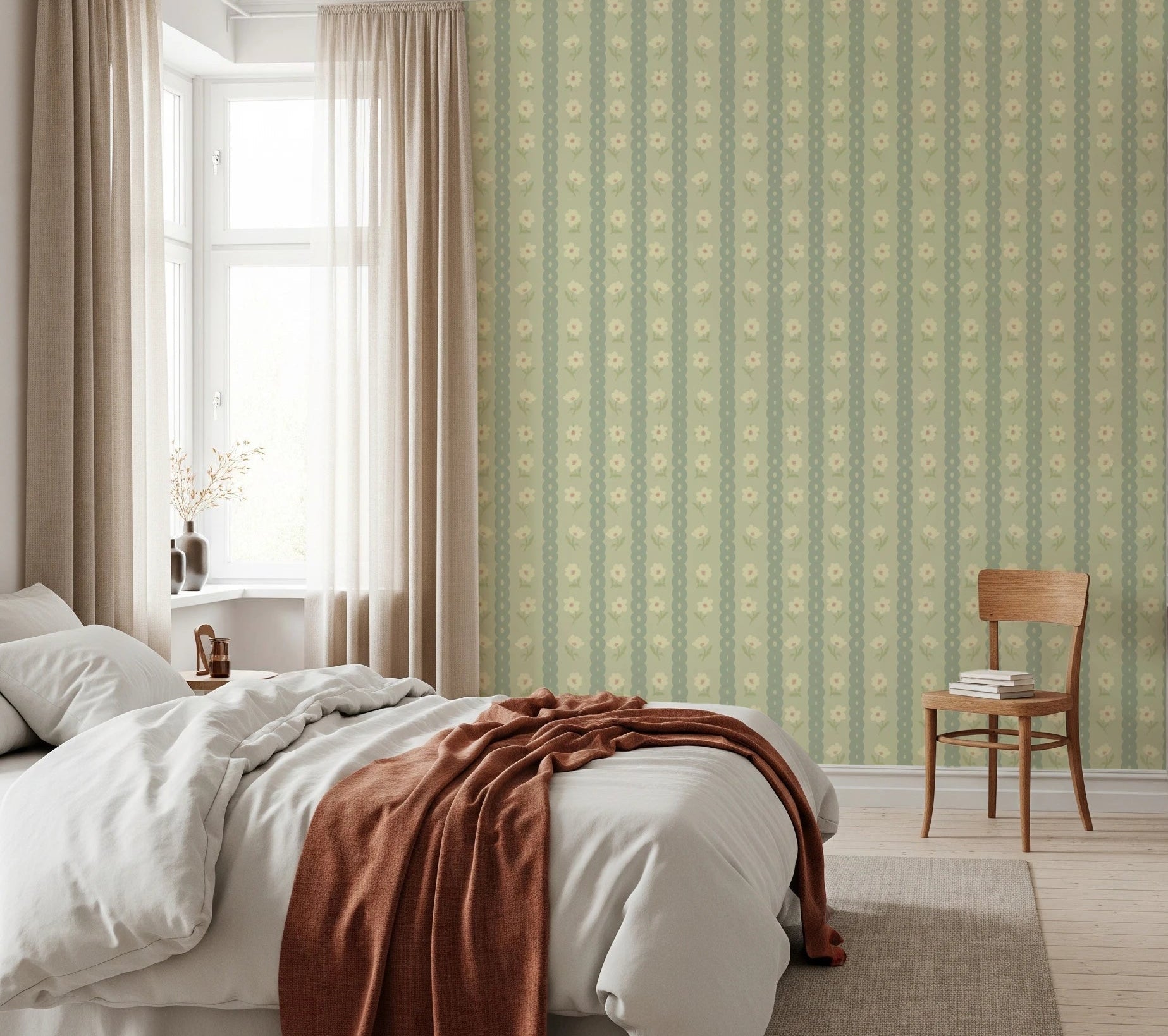 Daisy Chain Delight Wallpaper softens a bedroom wall with calm floral stripe detail, GD8117