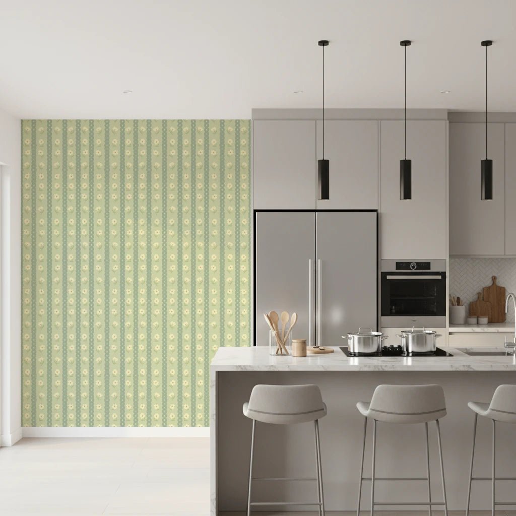 Daisy Chain Delight Wallpaper brings gentle vintage patterning to a modern kitchen