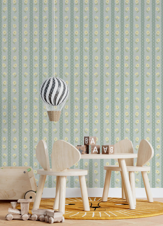 Daisy Chain Dream Wallpaper adds soft floral stripes to a cheerful kids play space