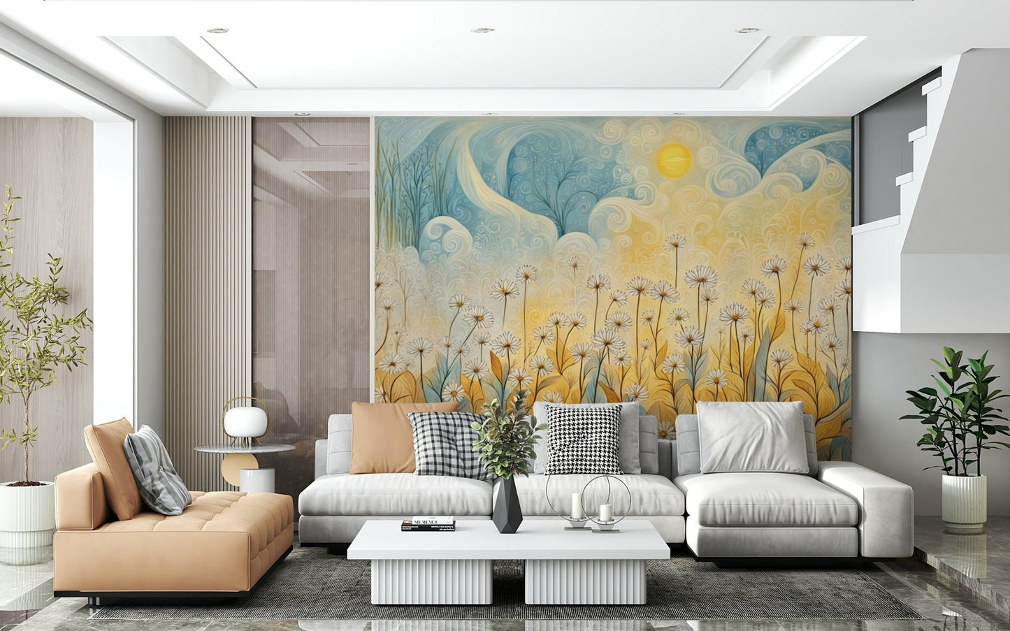 Daisy Daydreams Wall Mural behind a velvet sofa wallpaper mural