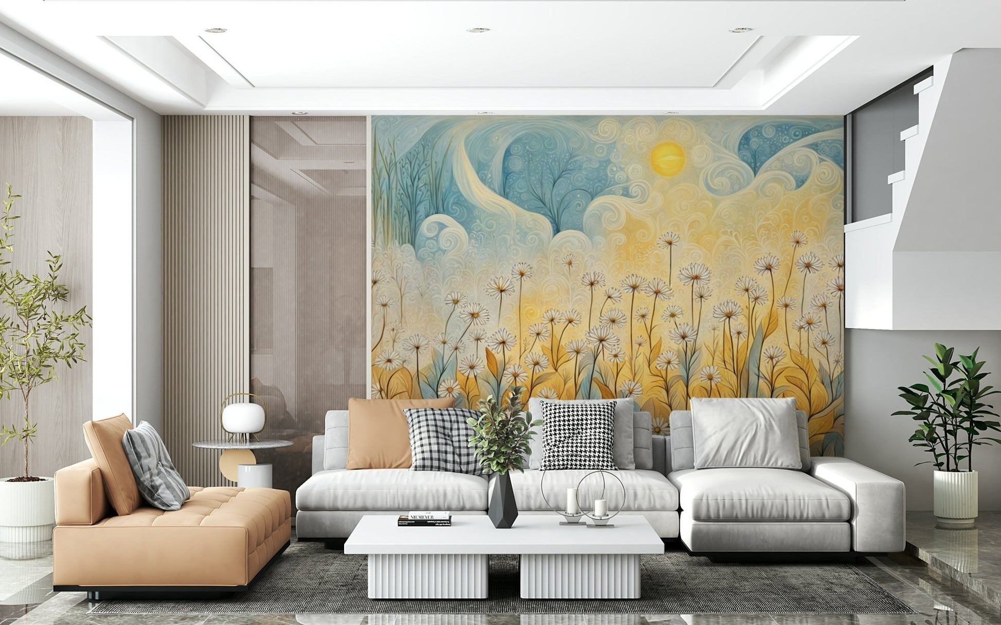 Daisy Daydreams Wall Mural behind a velvet sofa wallpaper mural