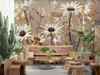 Botanical wall mural of delicate white and gray daisies, Daisy Dream.