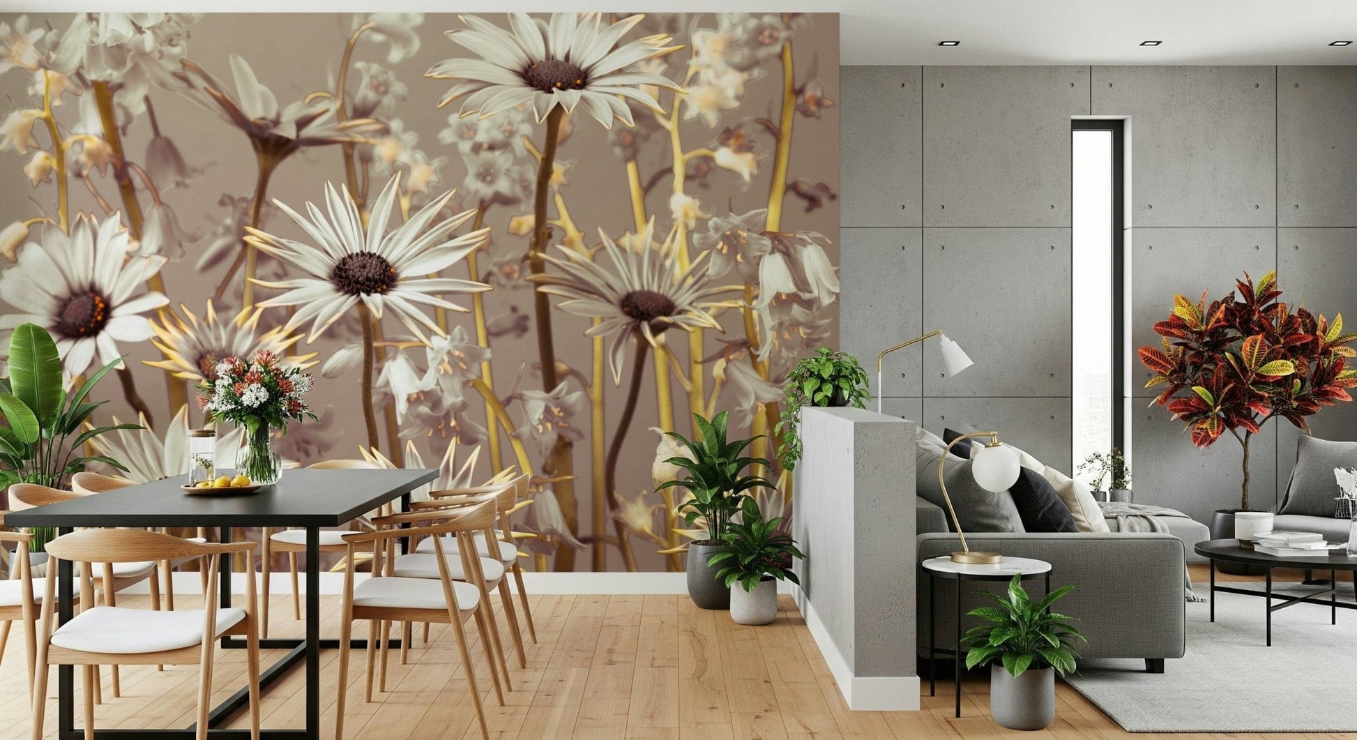 Peel and stick monochrome floral wallpaper with striking Daisy Dream design.