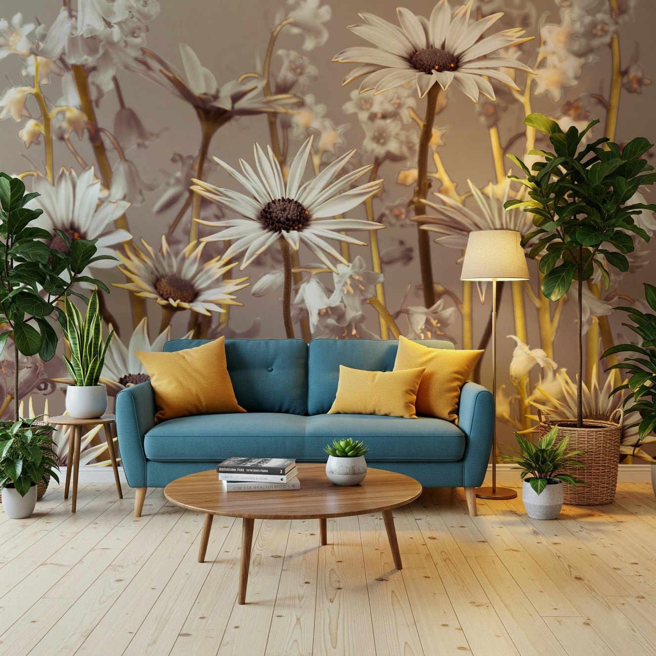 Daisy Dream Large, sepia-toned daisies with golden tips on a light background.