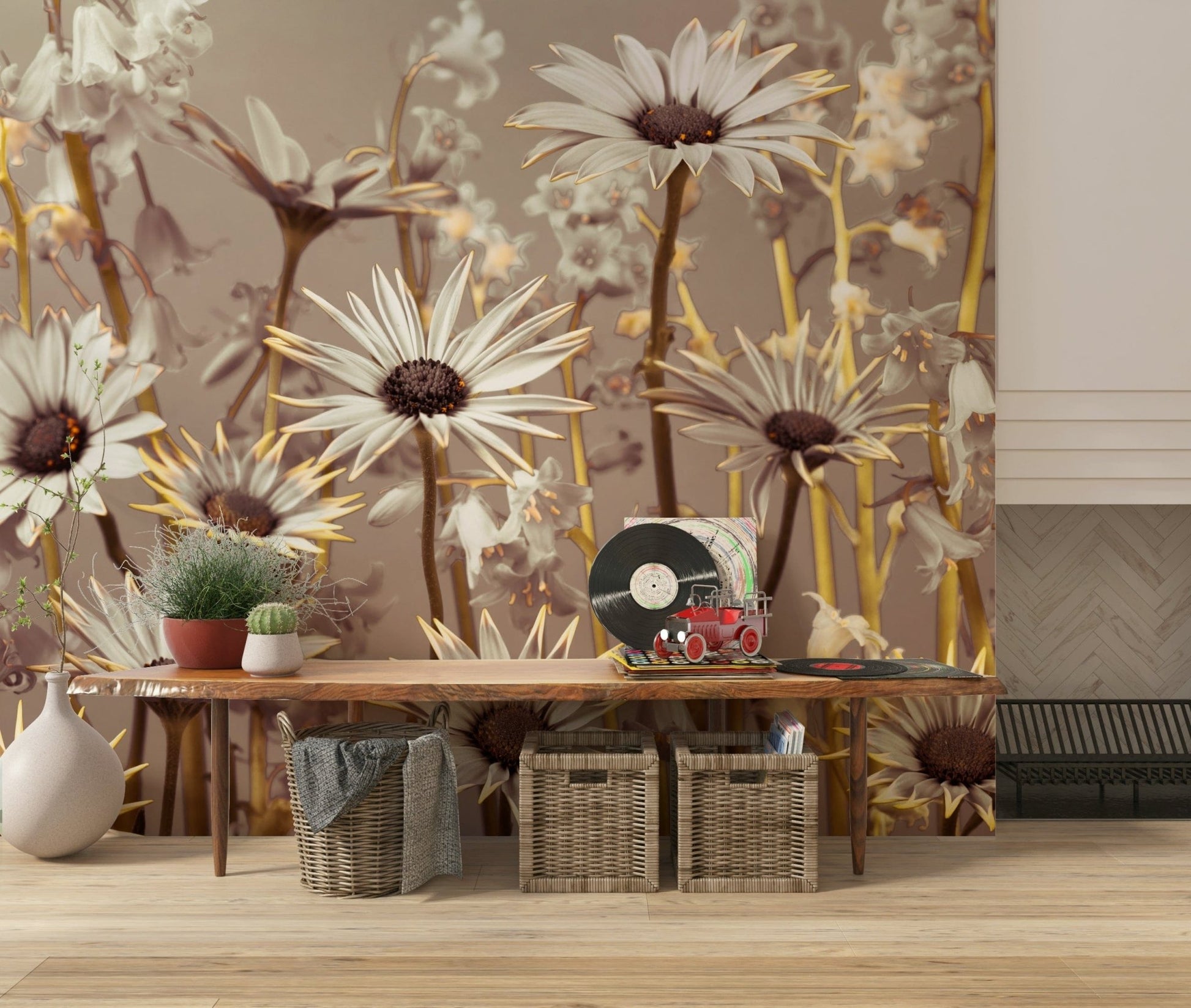 Vintage-style botanical print, large daisy blooms, wall art.