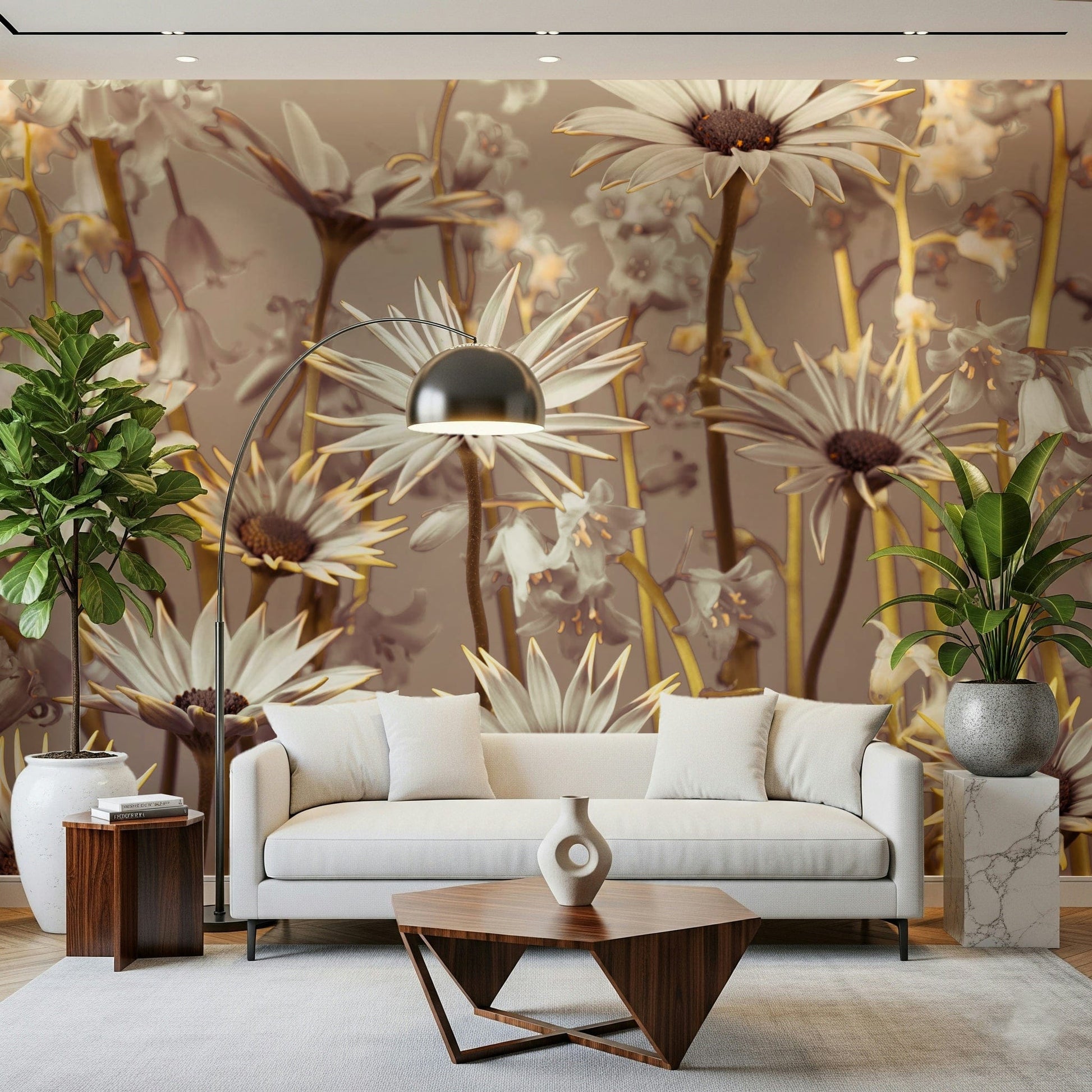 Nature-inspired floral wallpaper featuring layered white daisies.
