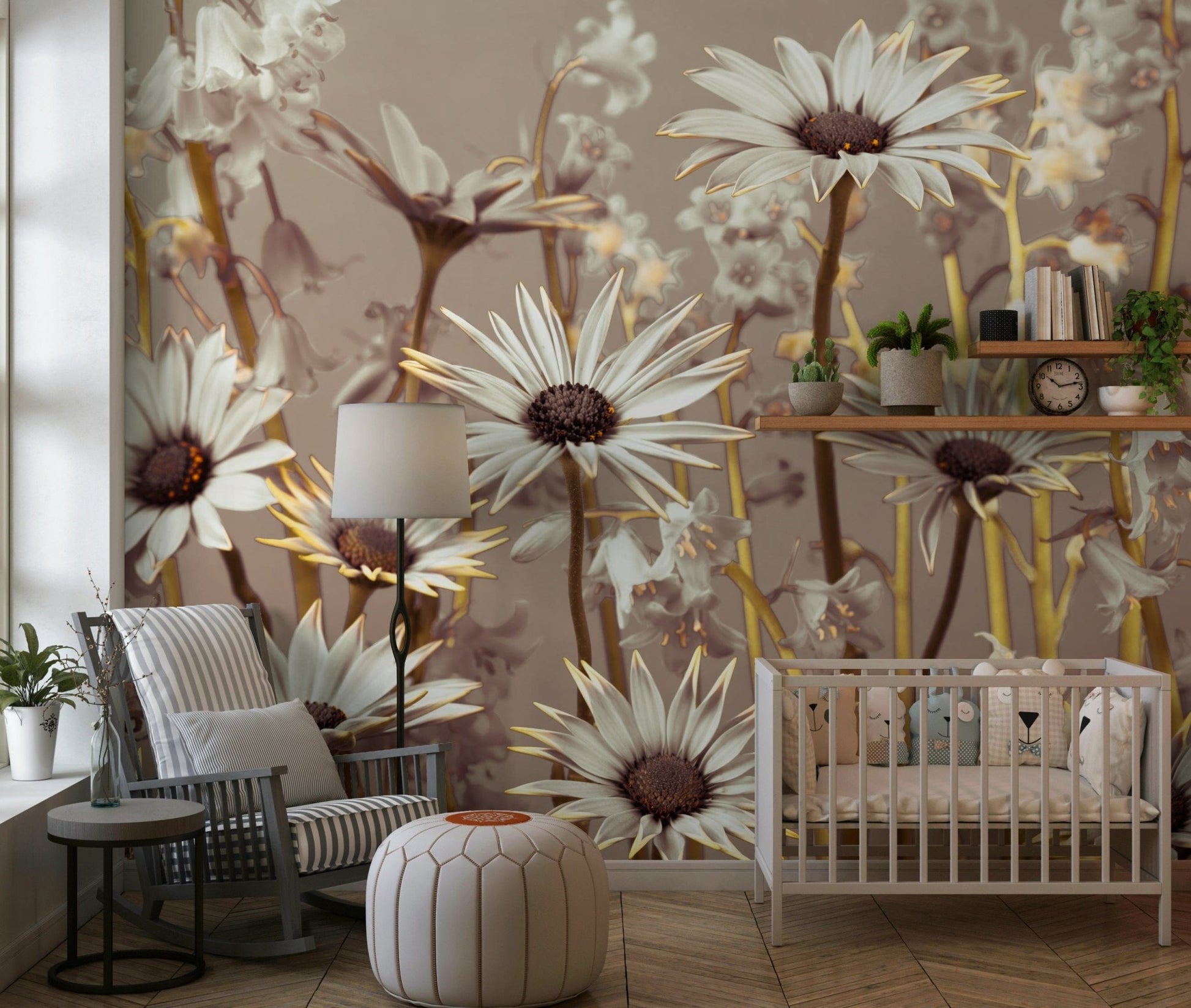 Soft focus daisy wallpaper with gold-tipped petals and yellow stems.