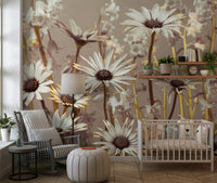 Soft focus daisy wallpaper with gold-tipped petals and yellow stems.
