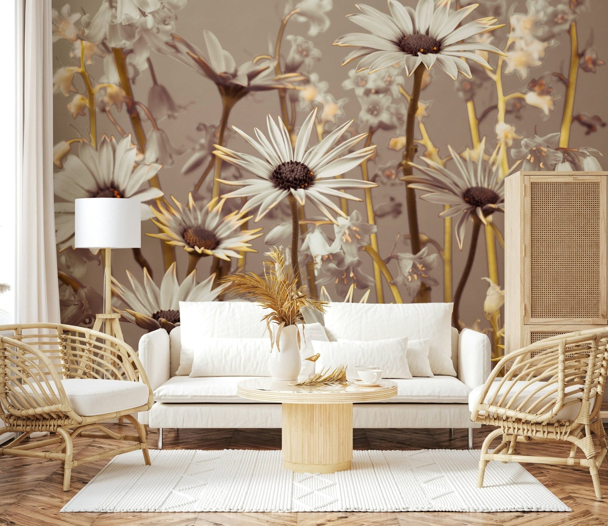 Ethereal Daisy Dream mural showing ghostly wildflowers and daisy blooms.