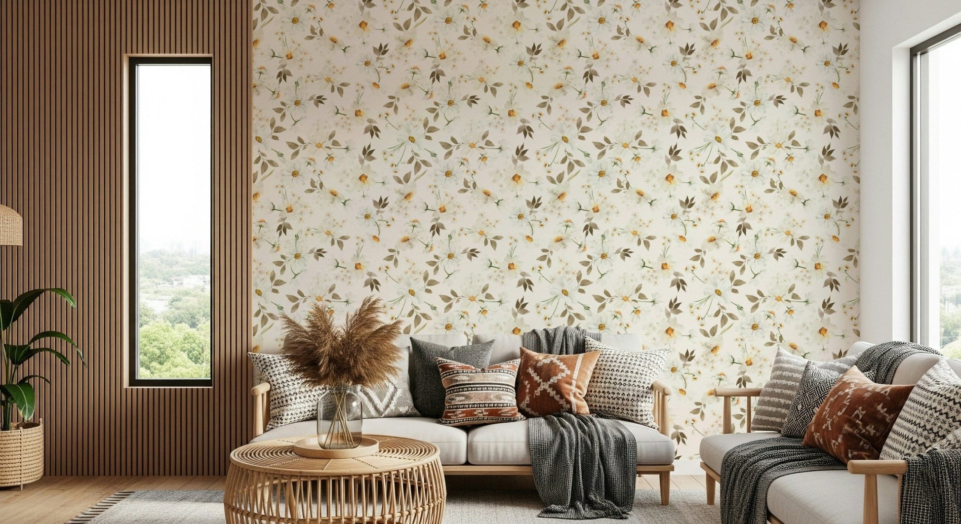 Shabby chic wallpaper Daisy Dream neutral botanical print.