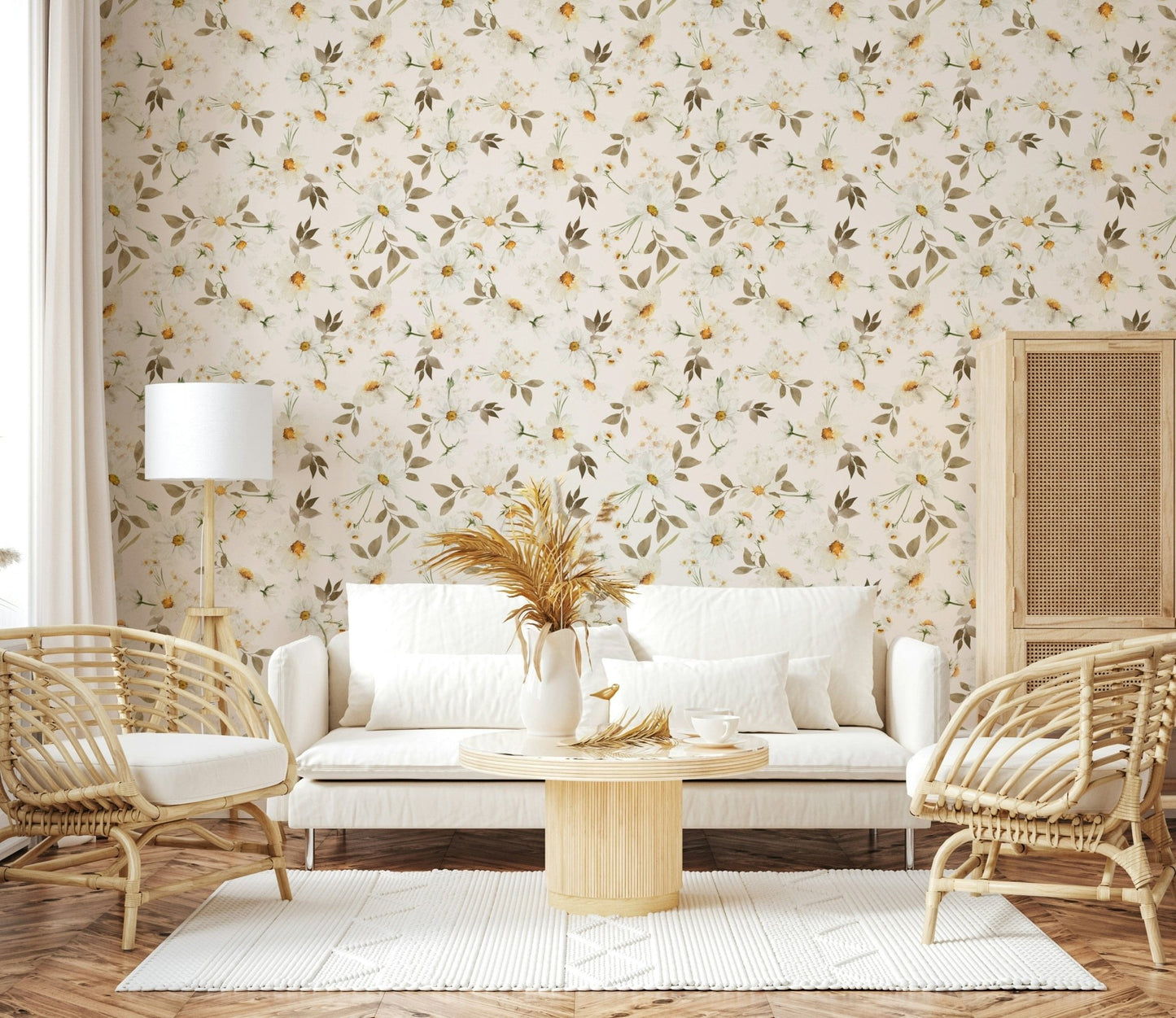 Earthy leaves neutral Daisy Dream wall mural living room.