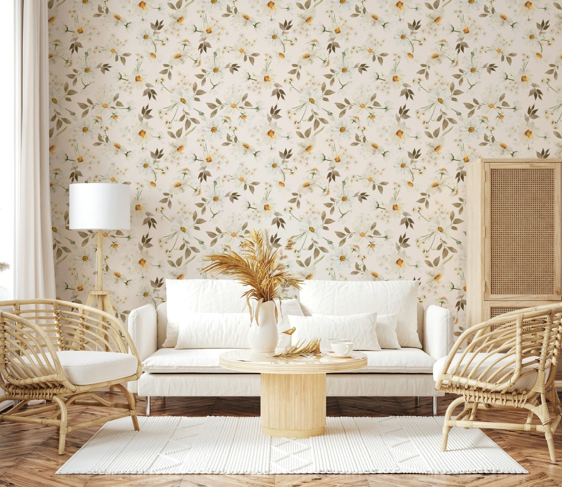 Earthy leaves neutral Daisy Dream wall mural living room.