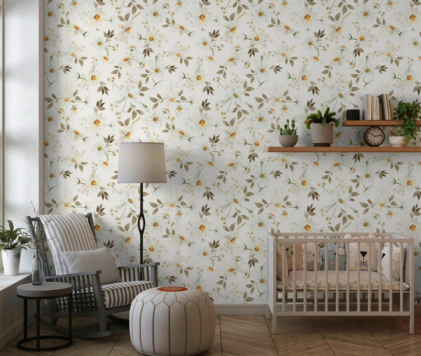 Daisy Dream wallpaper watercolor white gold floral design.