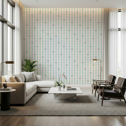 Daisy Stripes Wallpaper in a cheerful, sunlit breakfast nook.