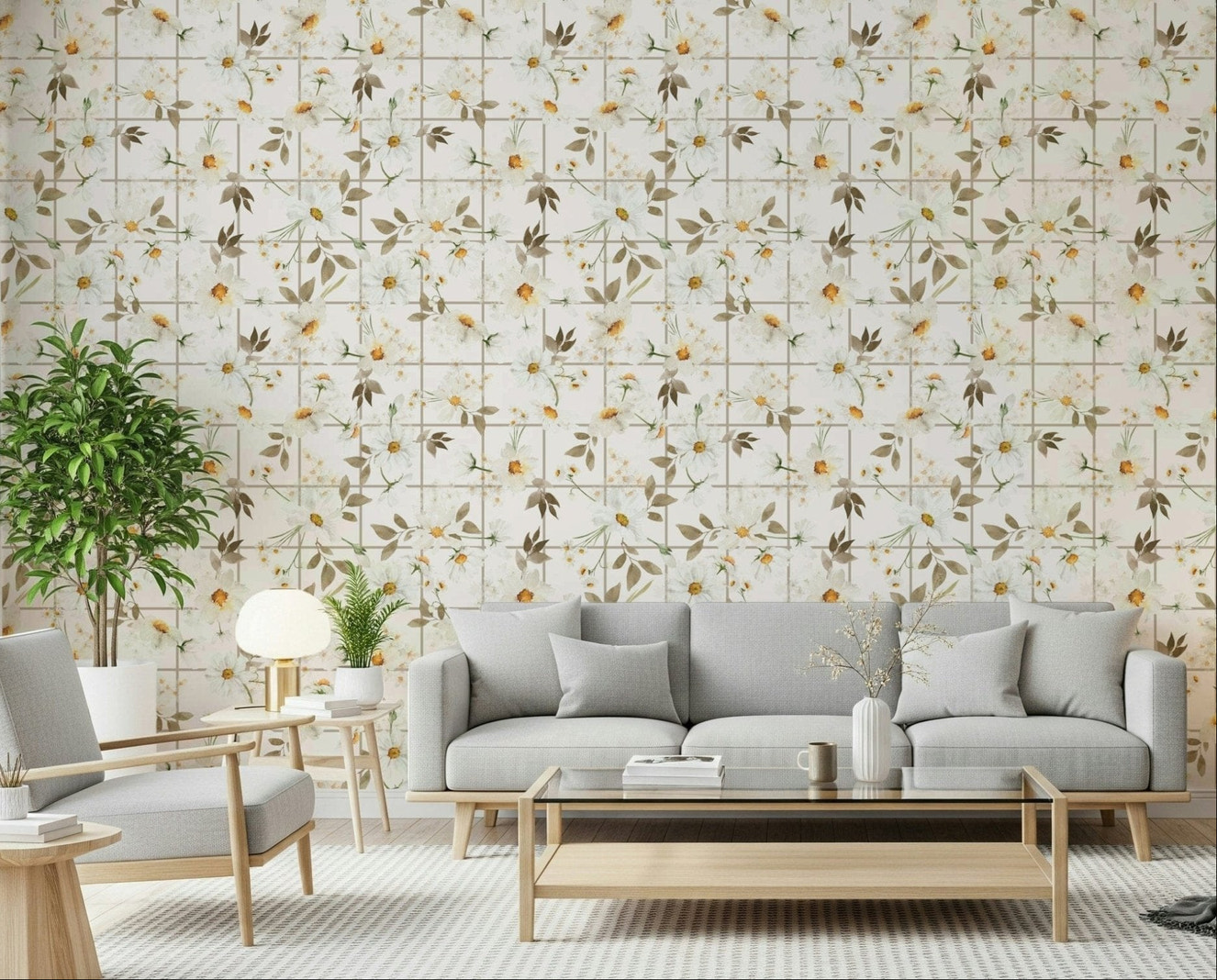 Wall mural Daisy Window Panes delicate white flower pattern.