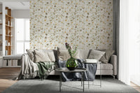 Living room Daisy Window Panes wall covering with brown leaves.
