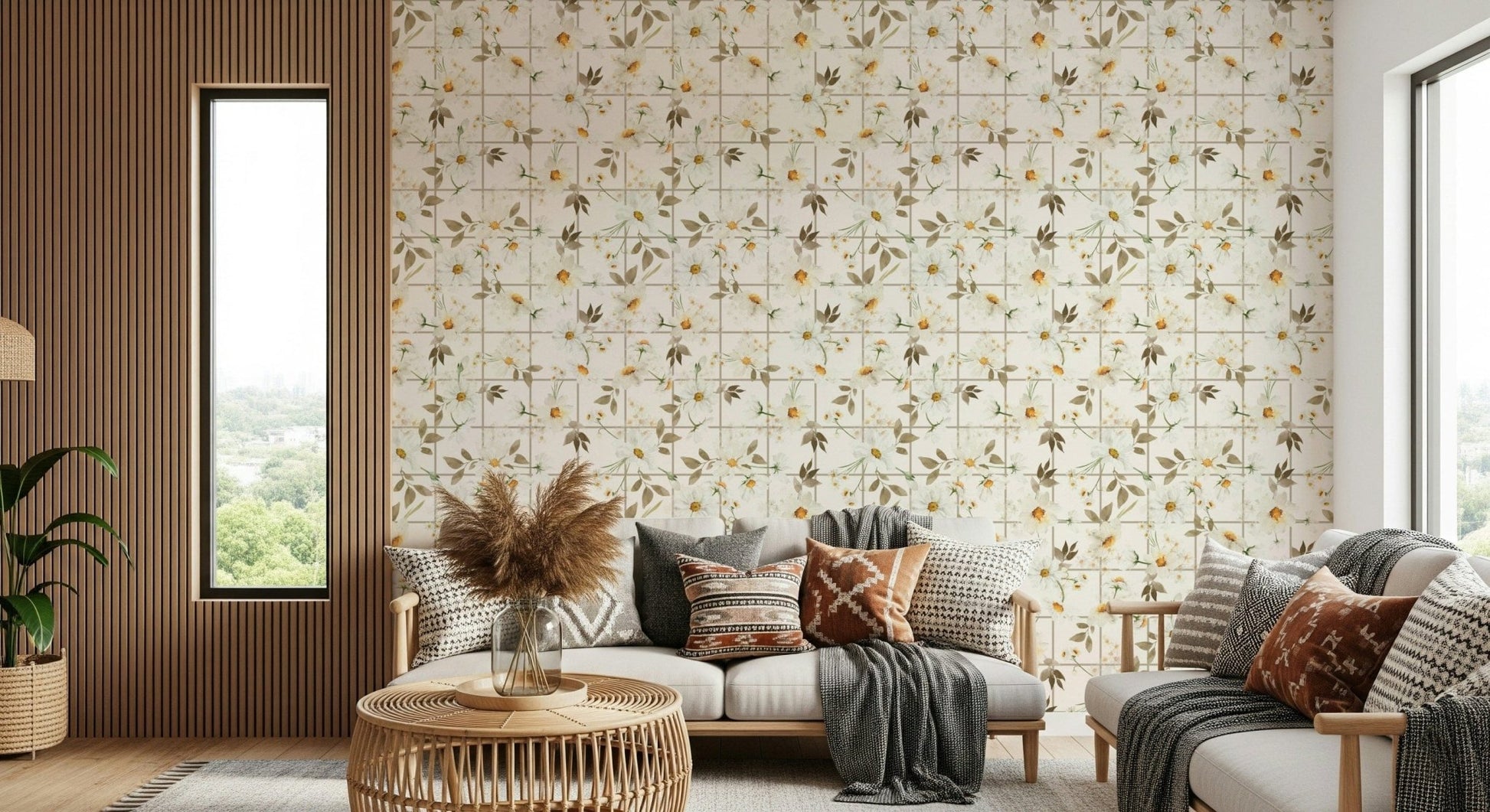Daisy Window Panes wallpaper white watercolor florals soft grid.