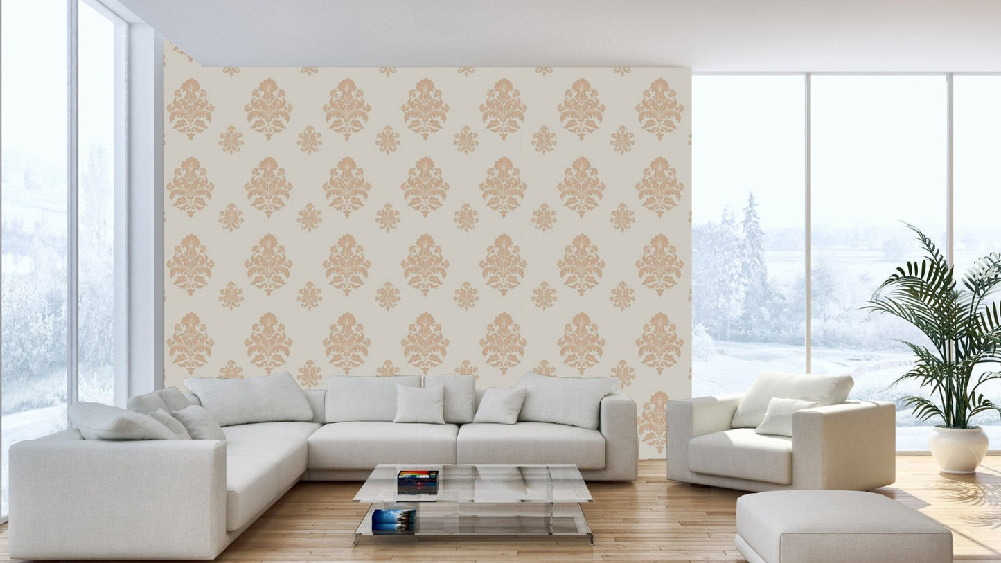 Peel and stick damask beige wallpaper print
