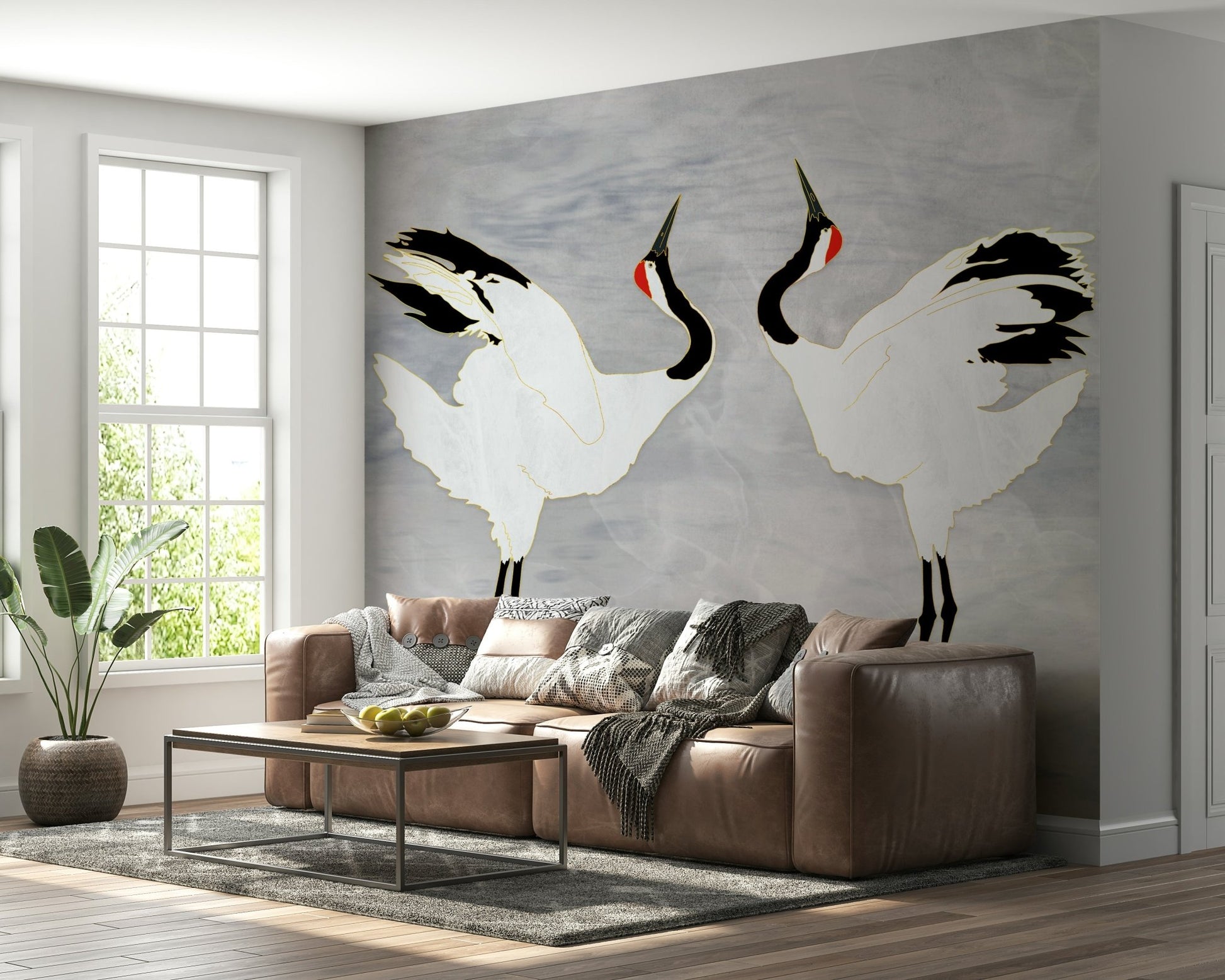 A serene hallway showcasing the striking Dancing Cranes art.