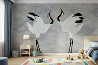 The graceful symmetry of the Dancing Cranes wallpaper mural.