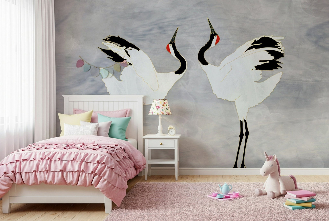 Dancing Cranes Wall Mural enhances a refined dining area.