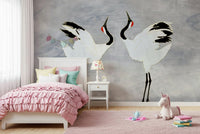 Dancing Cranes Wall Mural enhances a refined dining area.