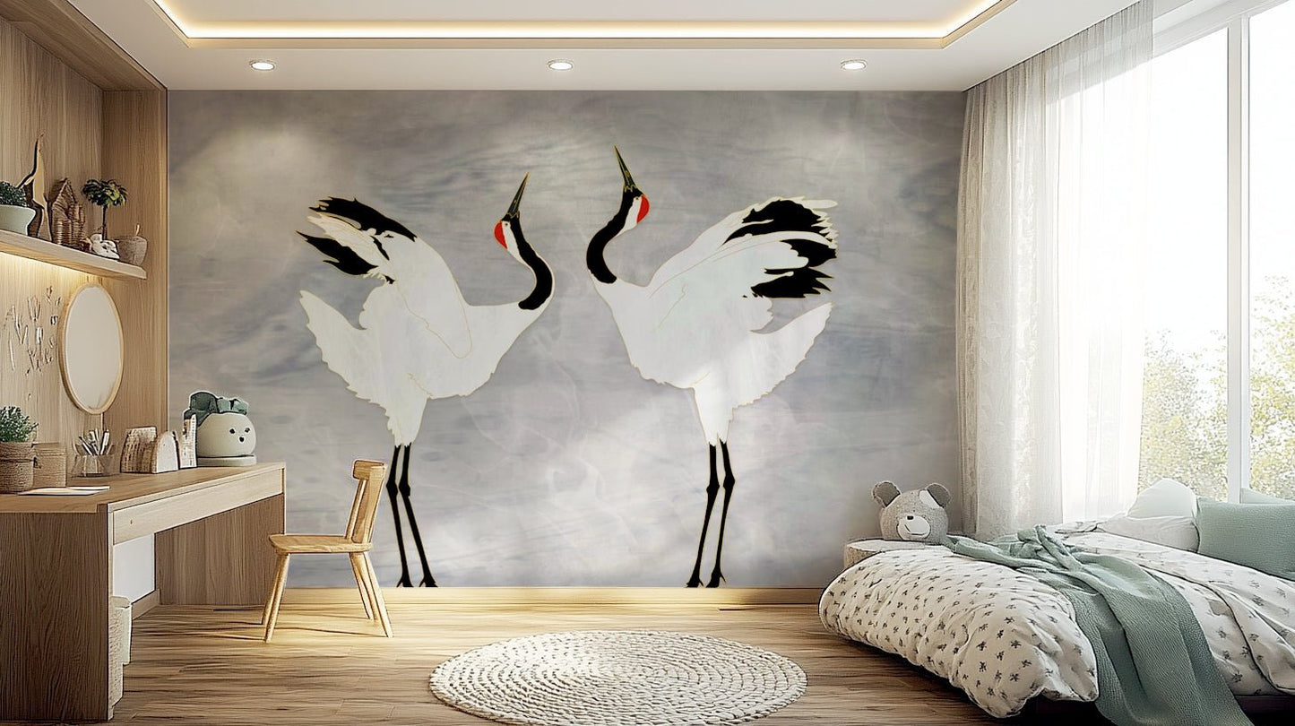 Dancing Cranes wallpaper for walls behind a sophisticated bench.
