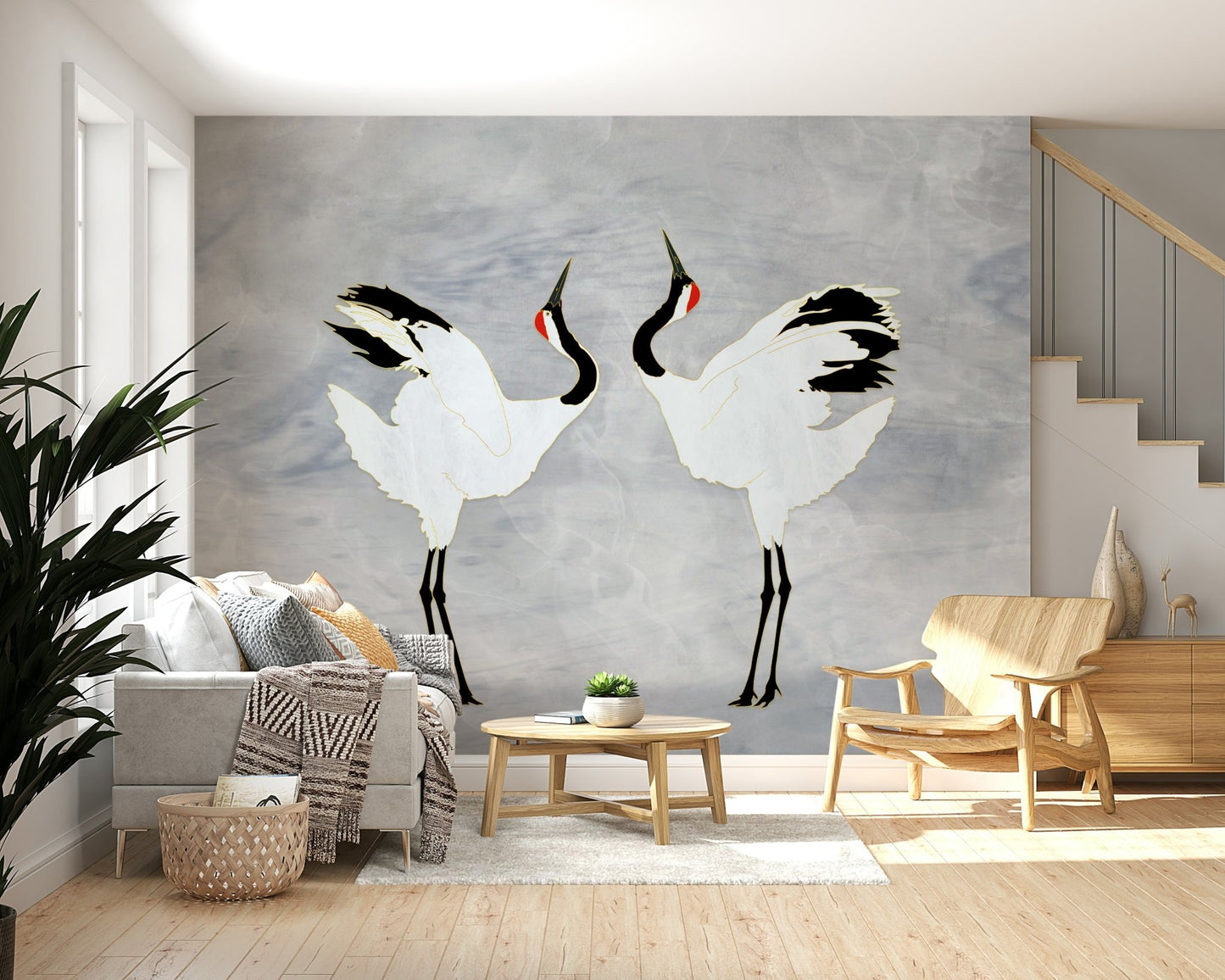Office area with the peaceful, balanced Dancing Cranes Mural.