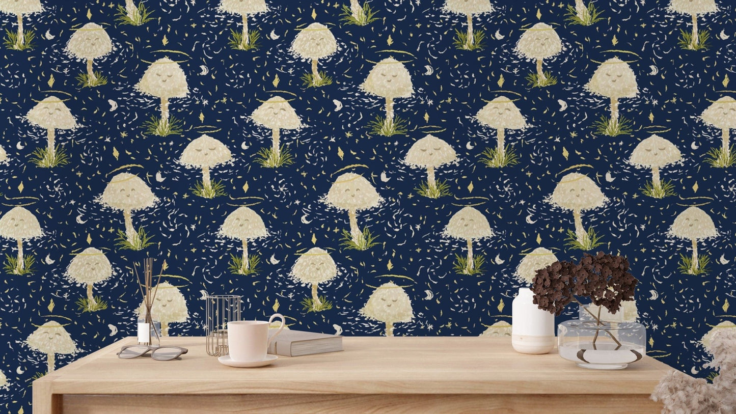 Whimsical dancing mushrooms wallpaper for playful interiors.
