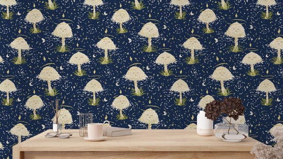 Whimsical dancing mushrooms wallpaper for playful interiors. RNM28
