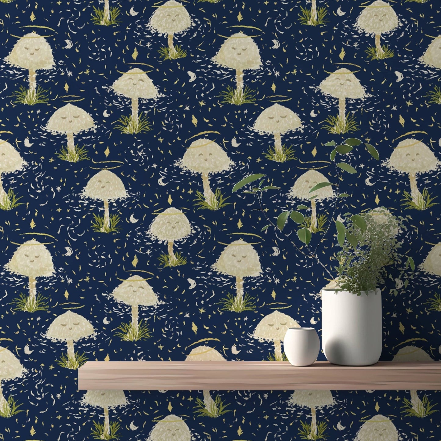 Vibrant dancing mushrooms mural for a lively and magical vibe.
