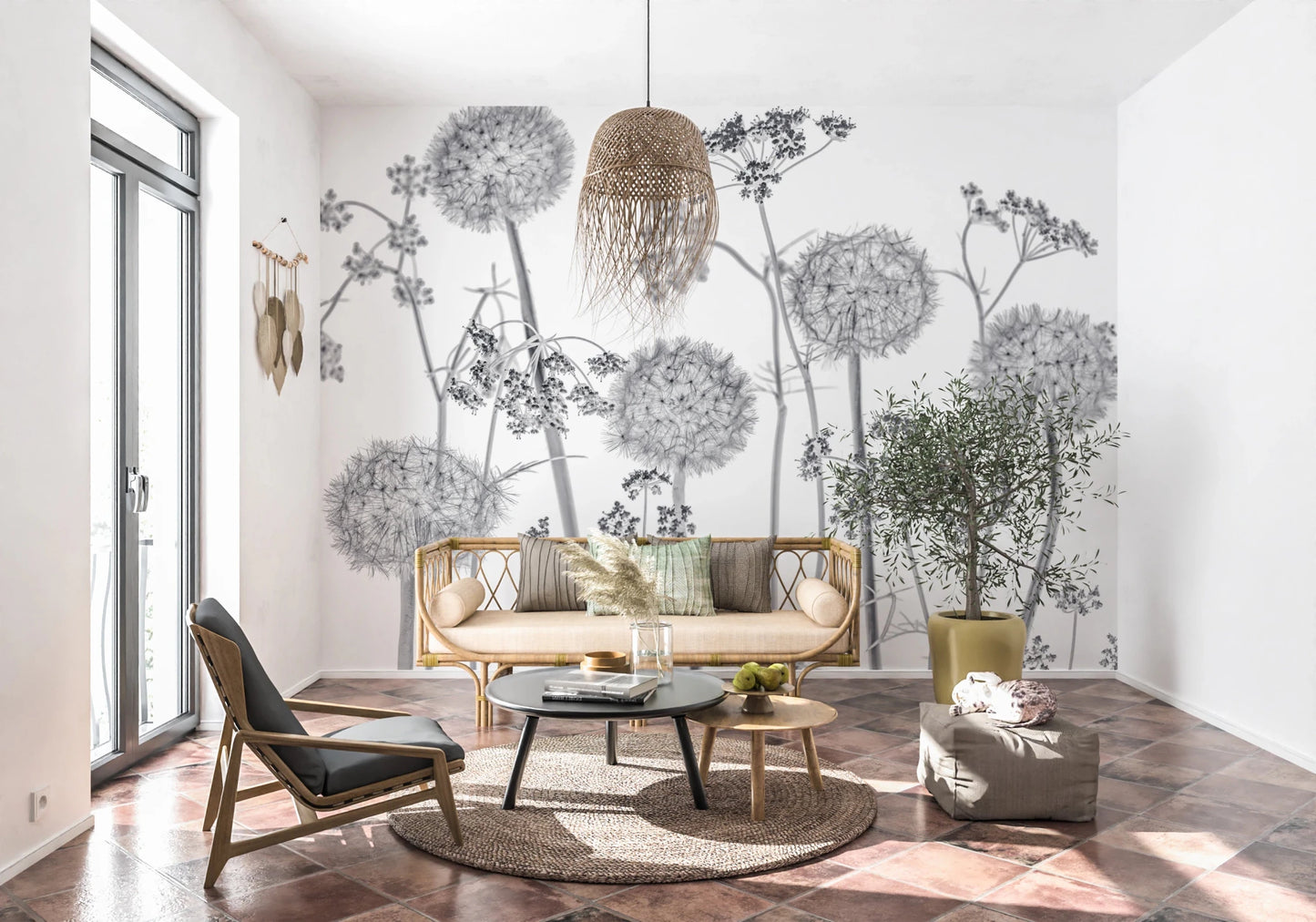 Bright sitting area with Dancing Wildflowers Wall Mural and soft botanical feel