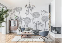 Spacious living area balanced with Dancing Wildflowers Wall Mural soft textures