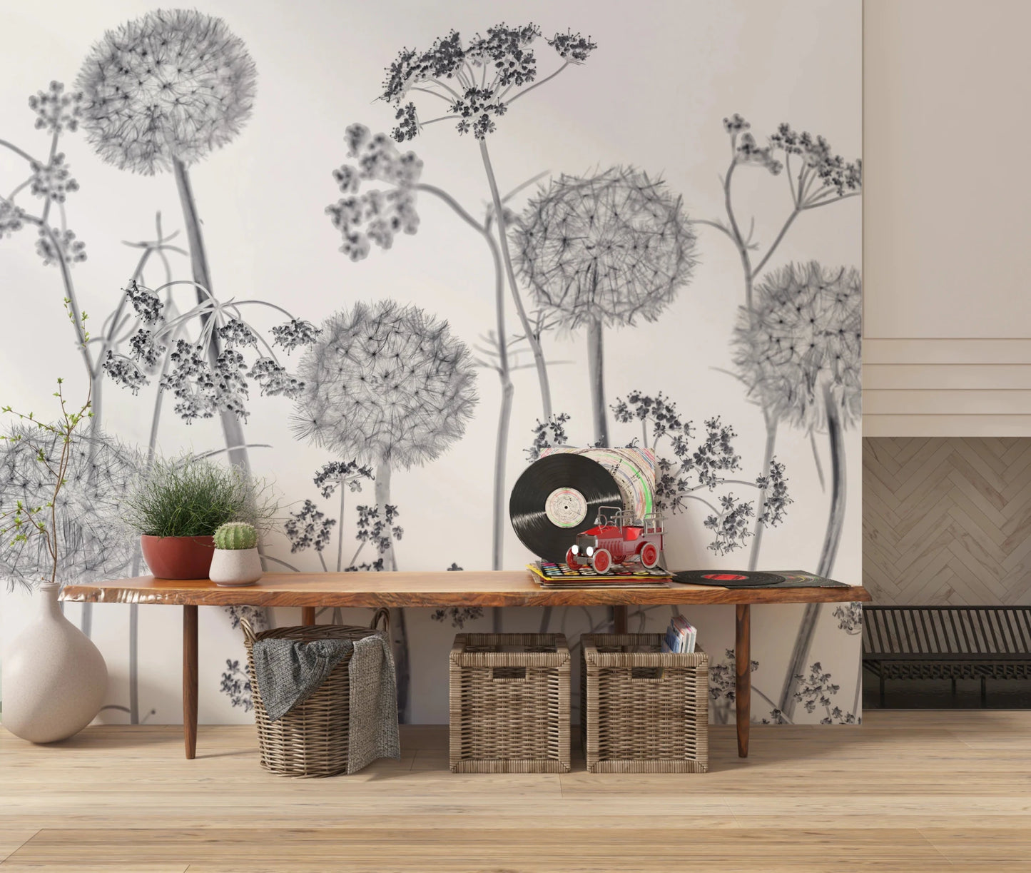 Console setup with decor accents against Dancing Wildflowers Wall Mural backdrop