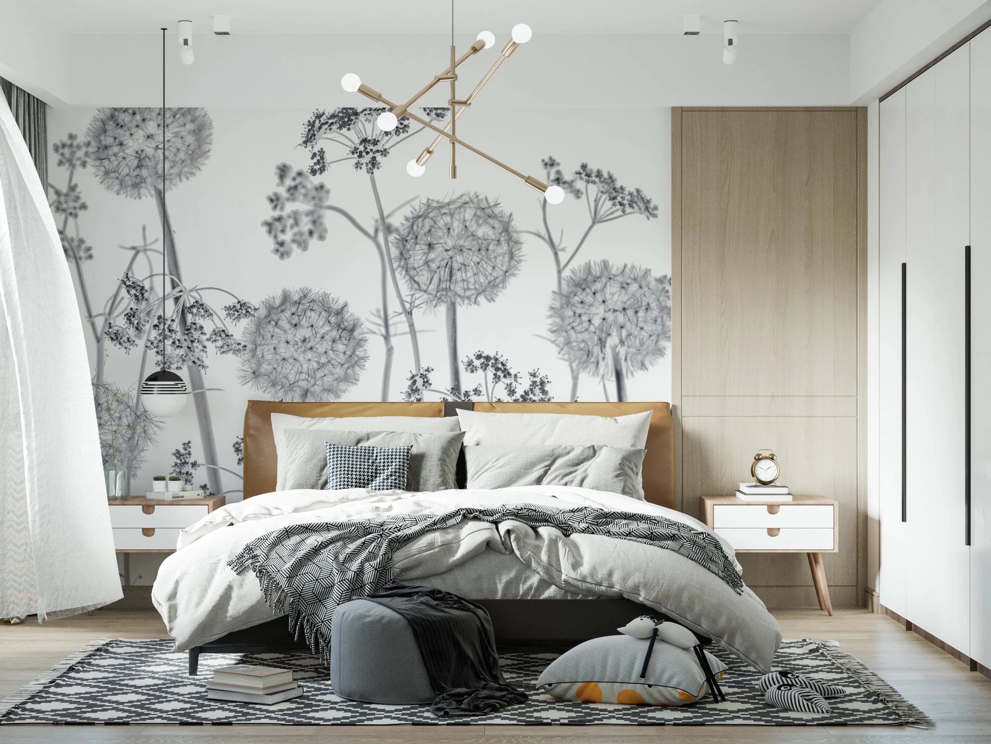 Bedroom interior with bed placed against Dancing Wildflowers Wall Mural scene