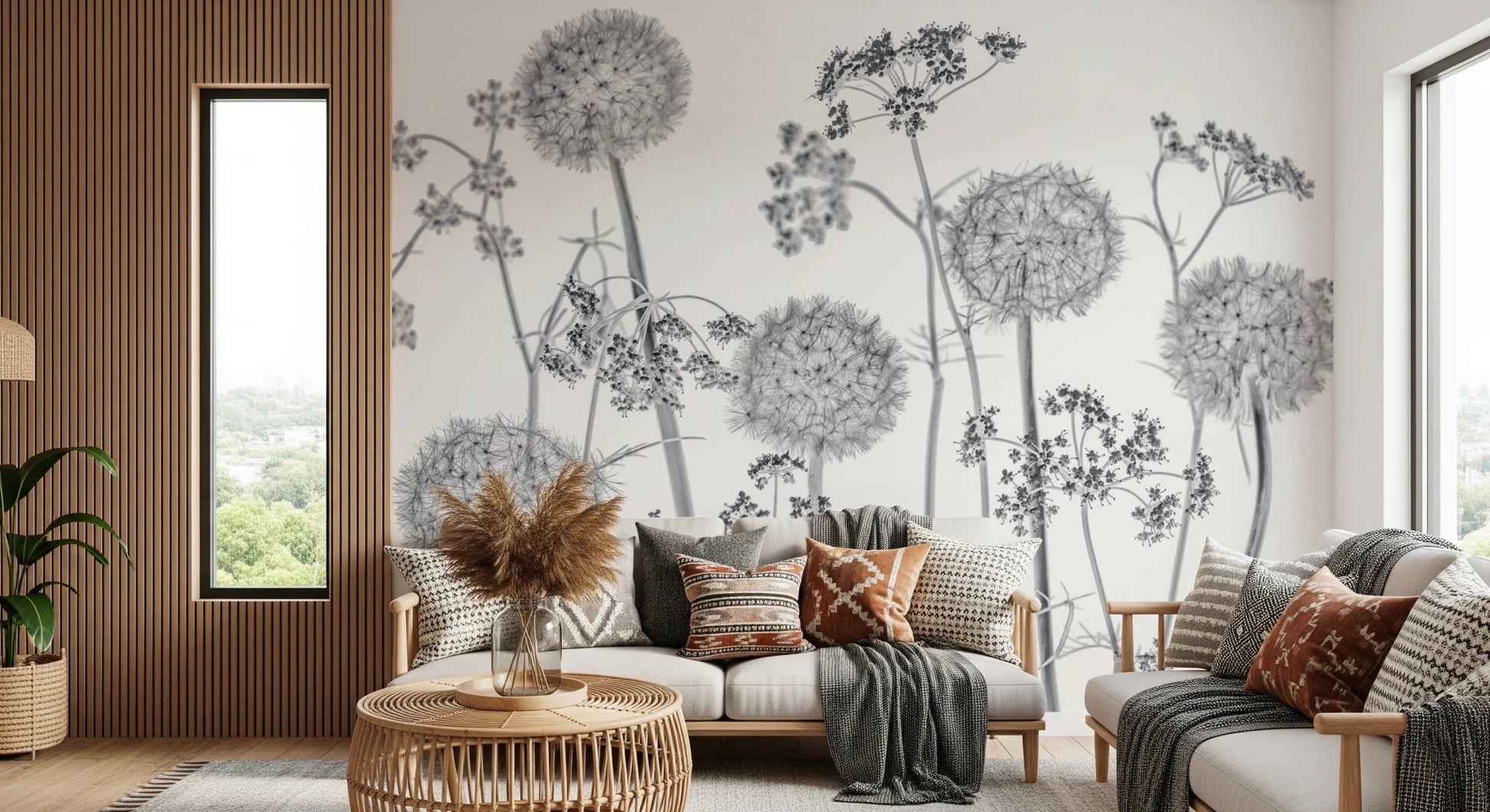 Cozy living room with warm tones and Dancing Wildflowers Wall Mural backdrop