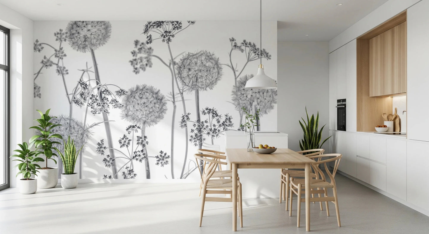 Minimal dining space with Dancing Wildflowers Wall Mural across the wall