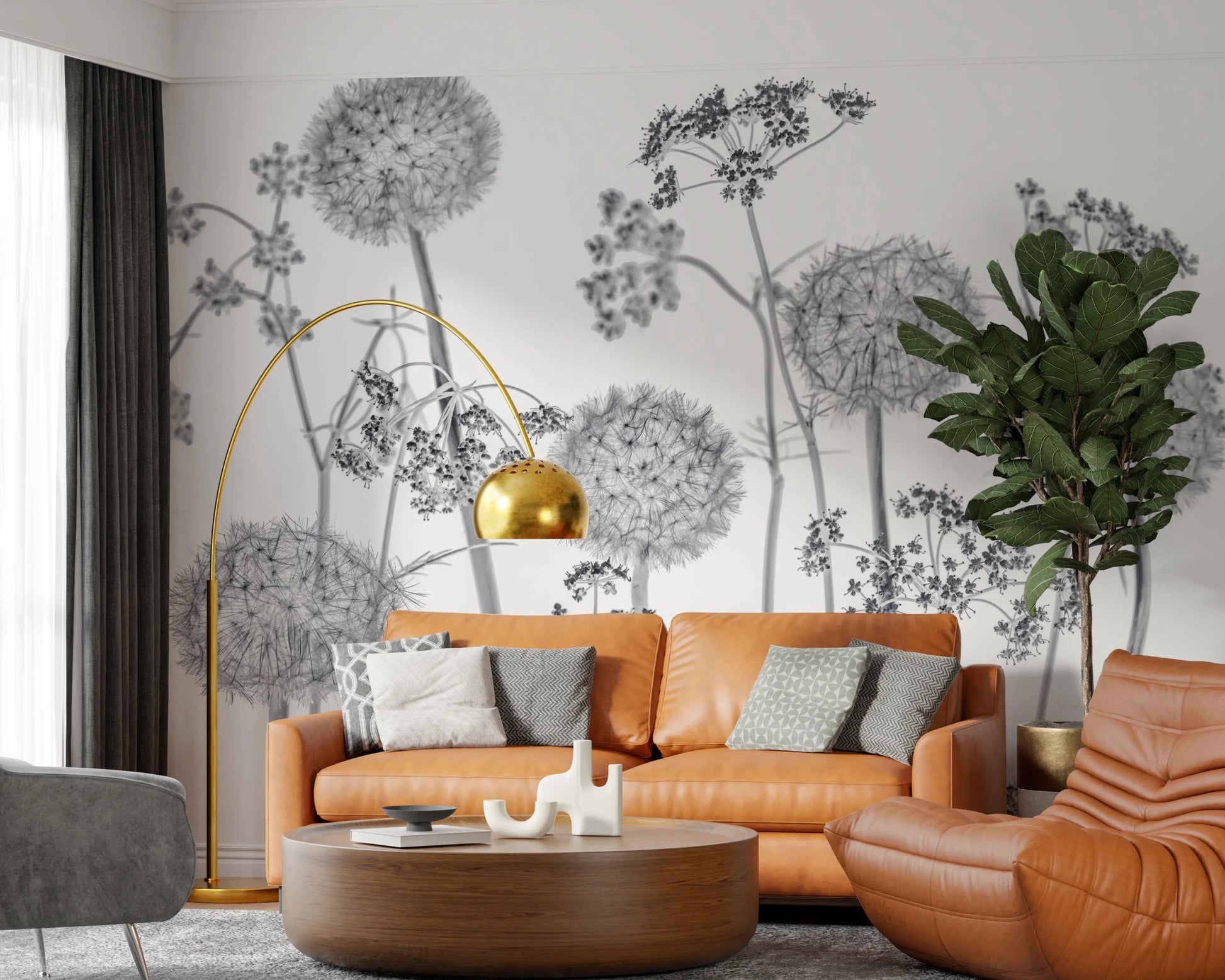 Modern lounge seating paired with Dancing Wildflowers Wall Mural floral stems