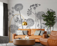 Modern lounge seating paired with Dancing Wildflowers Wall Mural floral stems