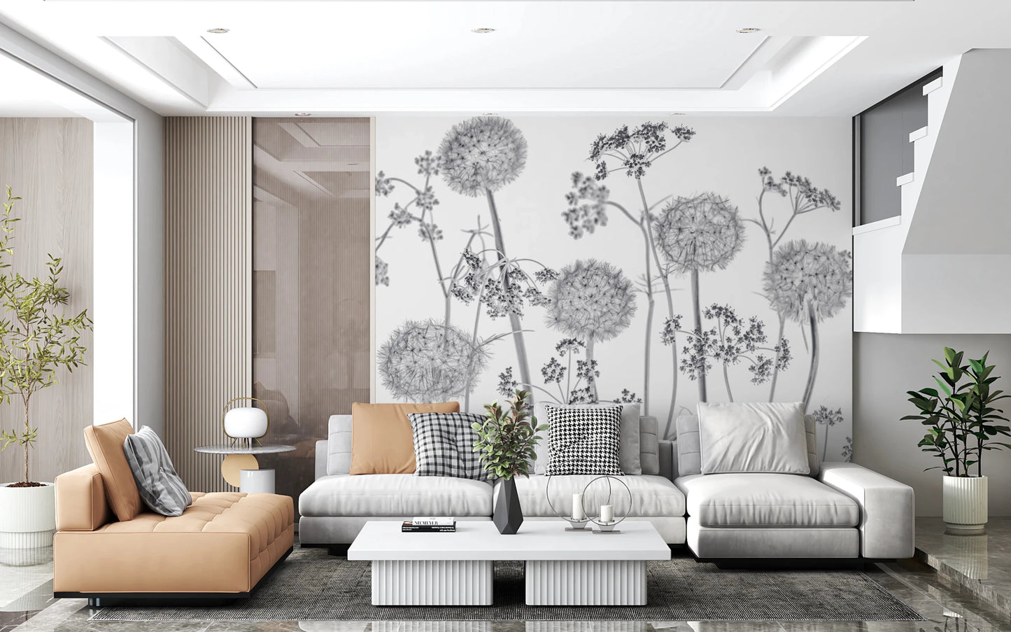 Relaxed living room layout enhanced by Dancing Wildflowers Wall Mural details