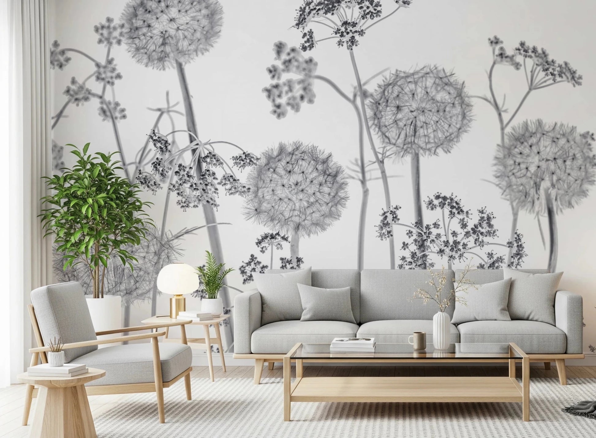 Neutral lounge space featuring Dancing Wildflowers Wall Mural floral silhouettes
