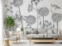 Neutral lounge space featuring Dancing Wildflowers Wall Mural floral silhouettes