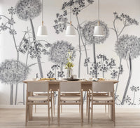 Dining area styled with wooden table set before Dancing Wildflowers Wall Mural