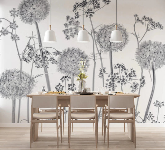 Dining area styled with wooden table set before Dancing Wildflowers Wall Mural