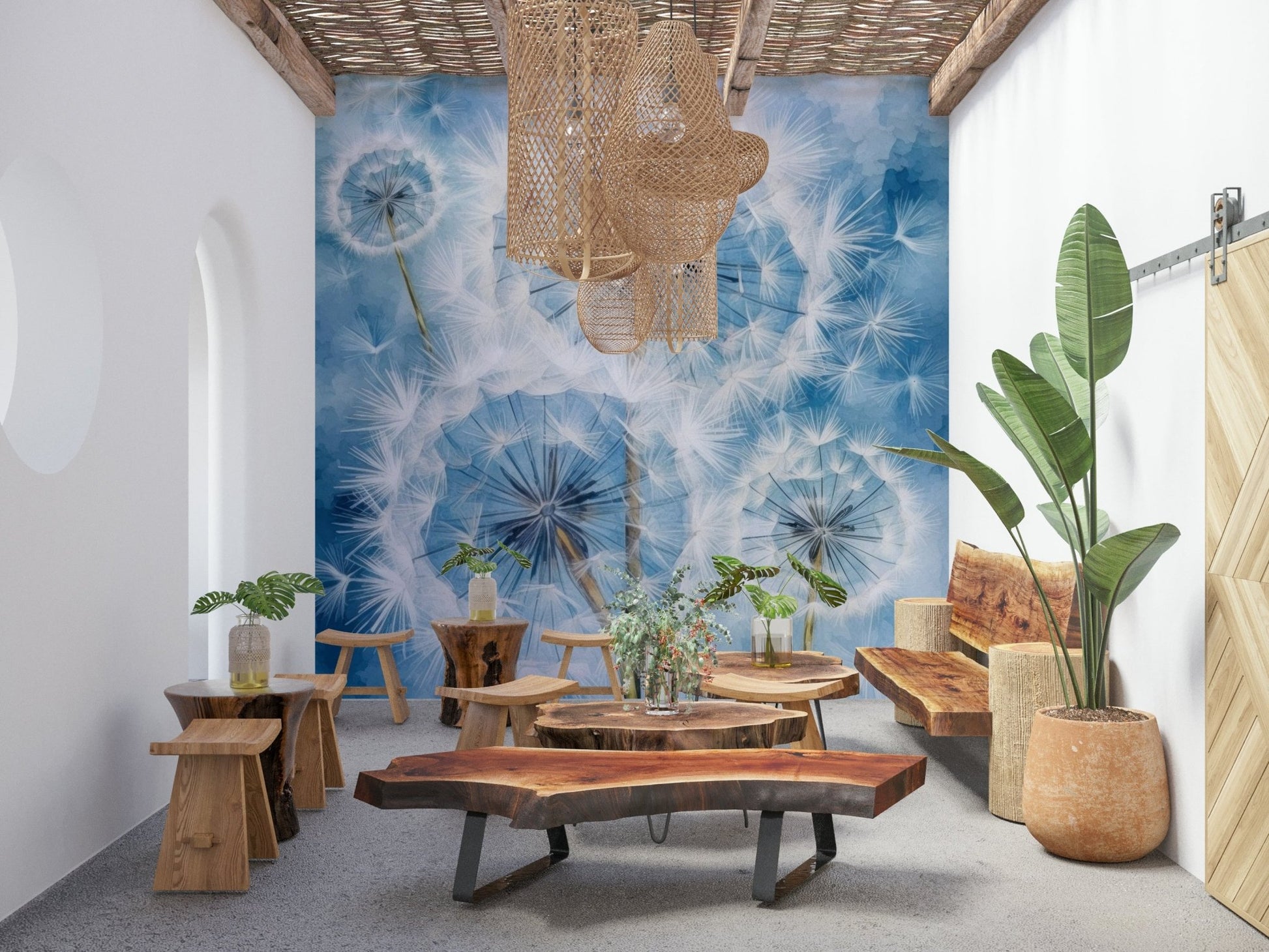 Dreamy botanical aesthetic Dandelion Dreams Wall Mural used on an inspiring wall.