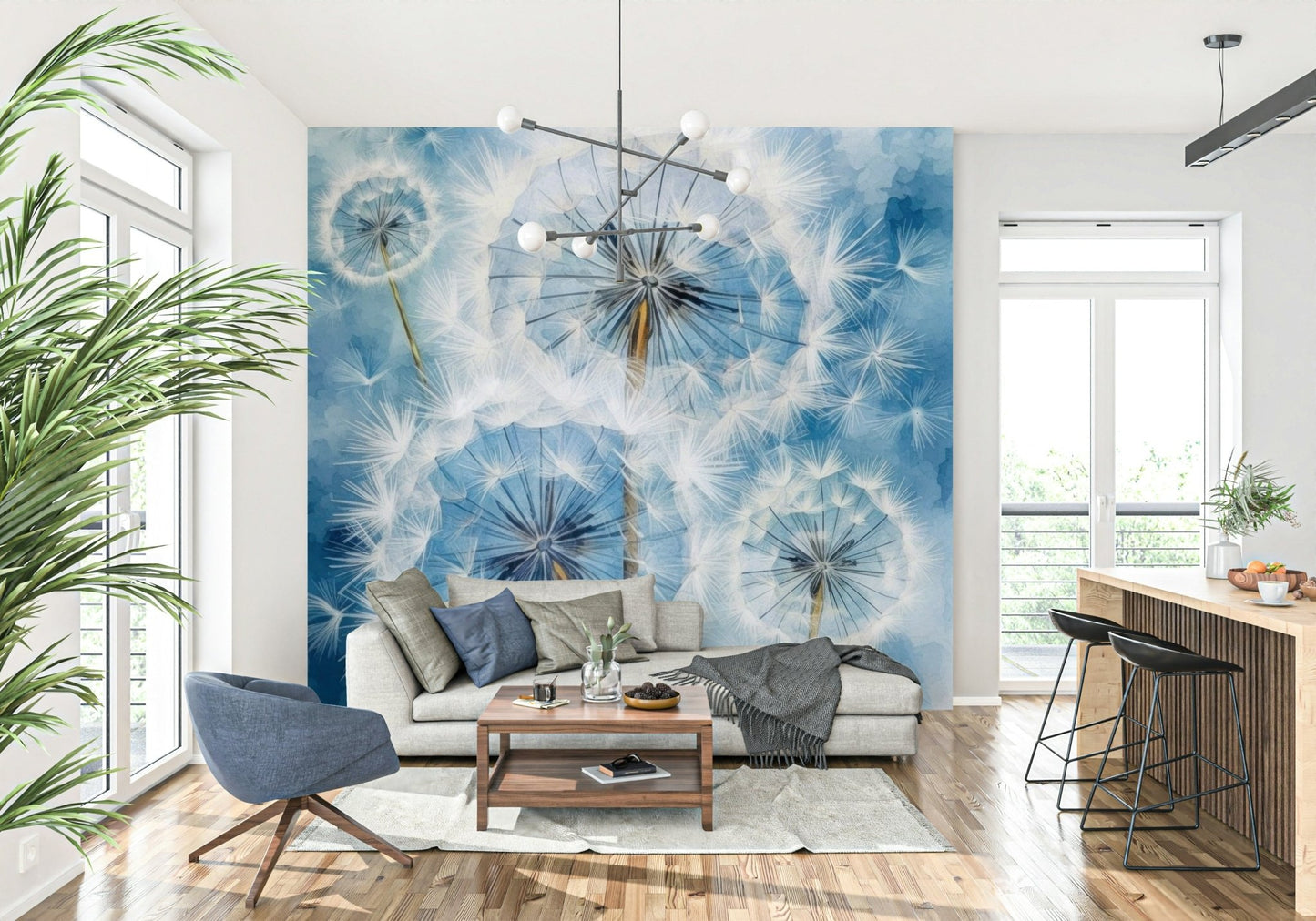 Inspiring wish theme Dandelion Dreams Wall Mural framing a window in a studio.