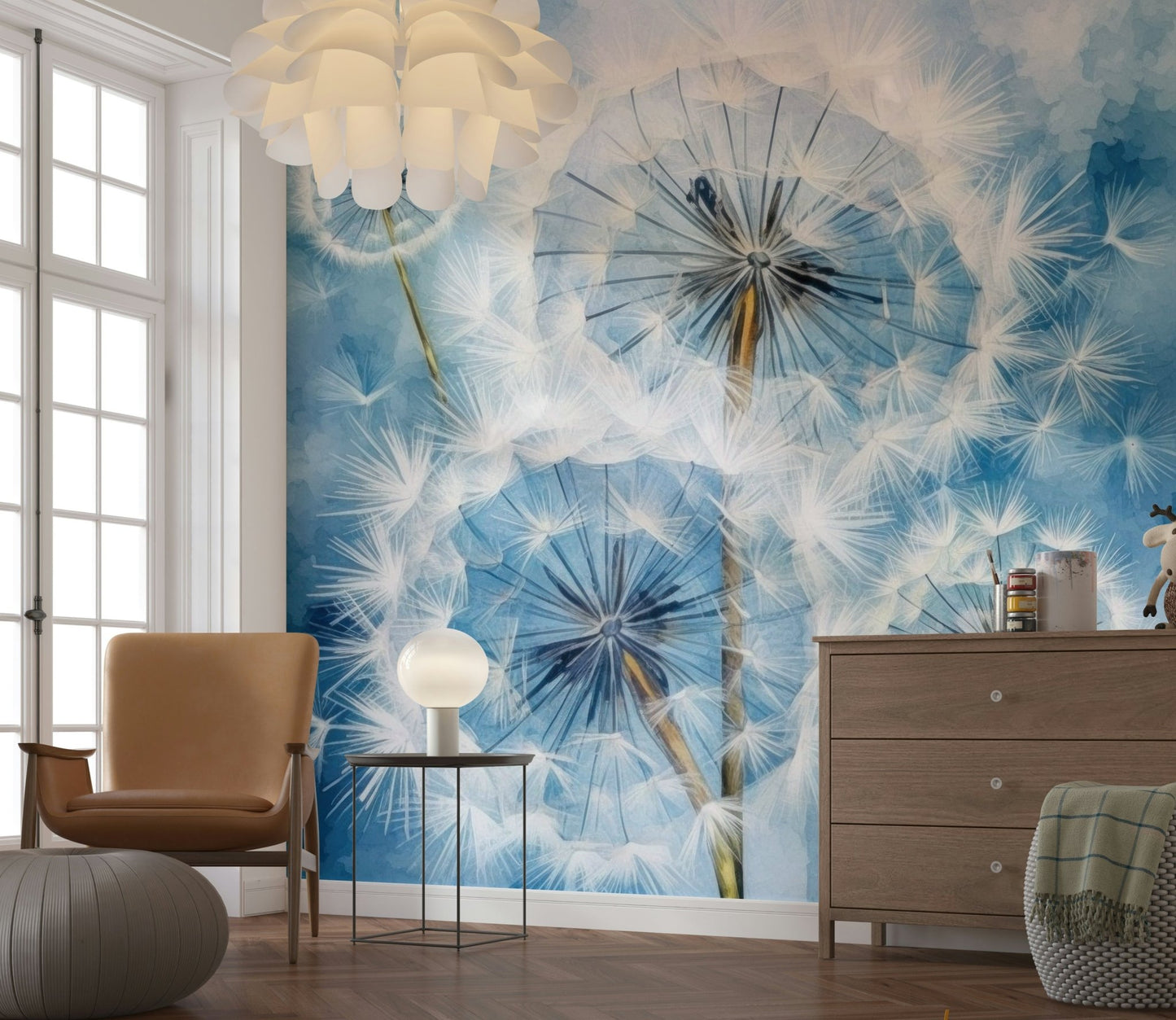 Dandelion Dreams Wall Mural whimsical spores floating across a bedroom wall.