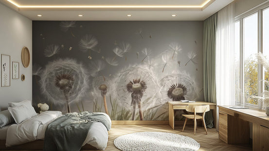 Serene dandelion drift wall mural design, C193