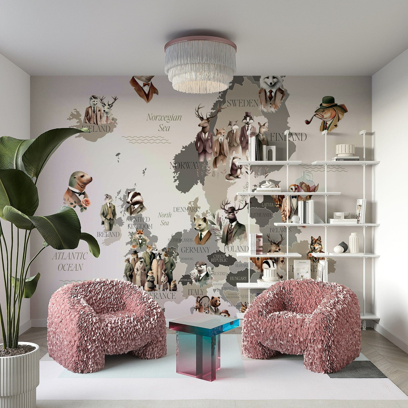 Animals in vintage suits map art